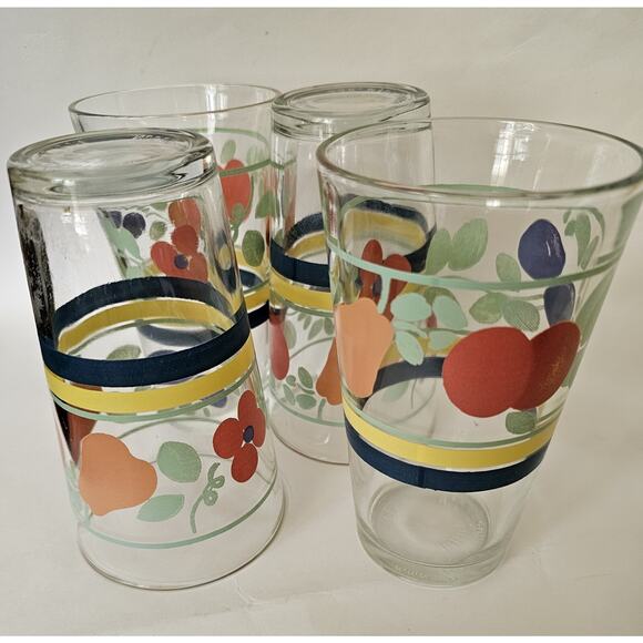 Set Of Four Fruit And Striped Vintage Gibson Glasses Signed Exc CondRetro ESTATE - Picture 2 of 11